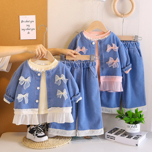 Mädchen Kleidung Set mit süßem Mantel und breiten Hosen im Koreanischen Stil