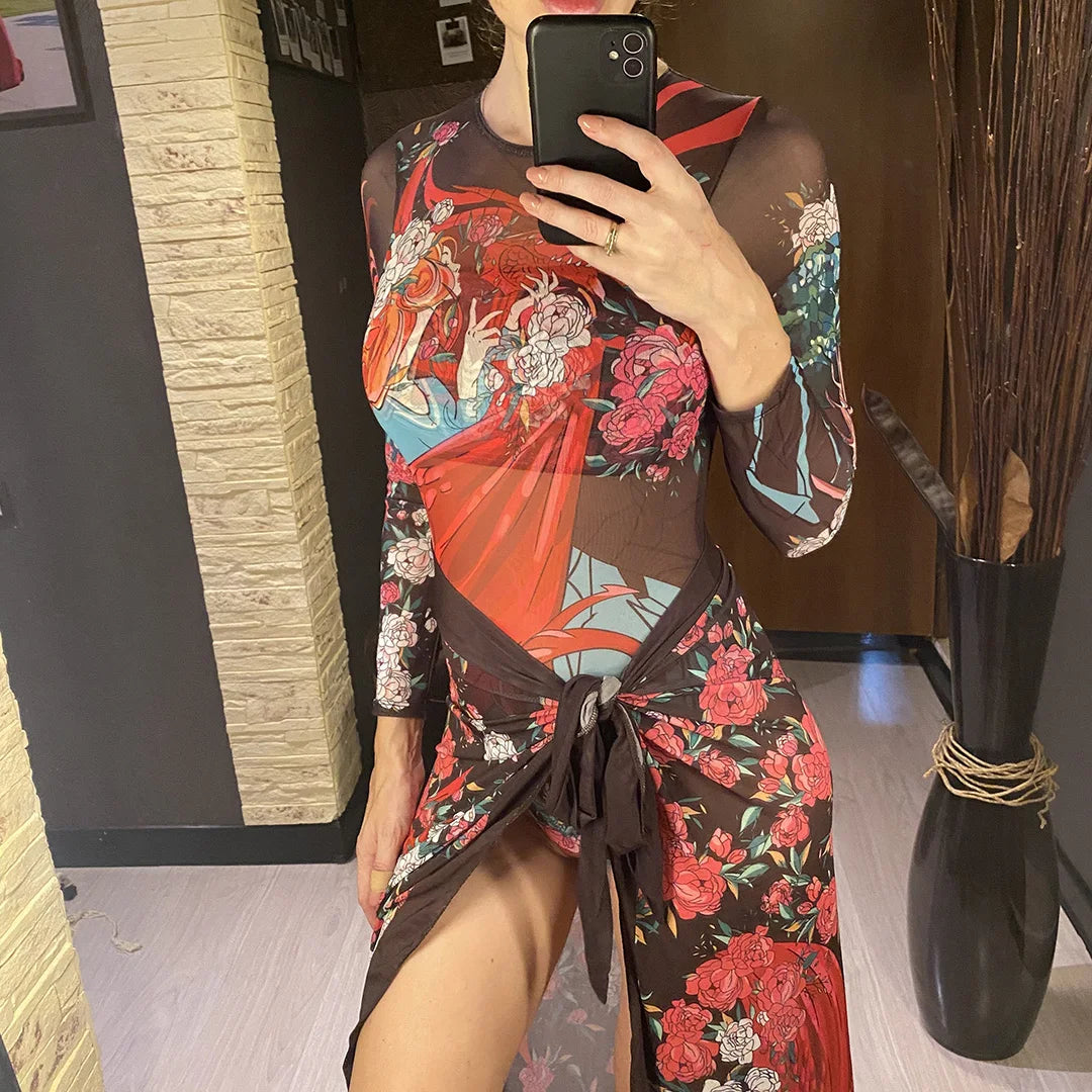Damen-Badeanzug Blumen Langarm Sarong einteilig gepolstert