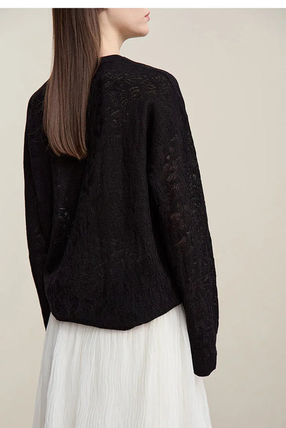 Damen-Rundhalspullover Jacquard Raglan locker lang Lyocell Frühling