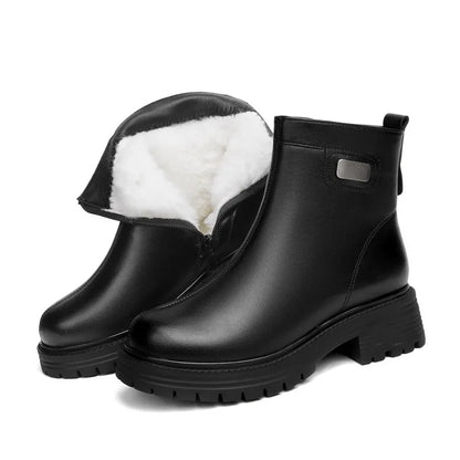 Schwarze Damen-Snowboots aus Leder mit Wollfutter, robuste Profilsohle