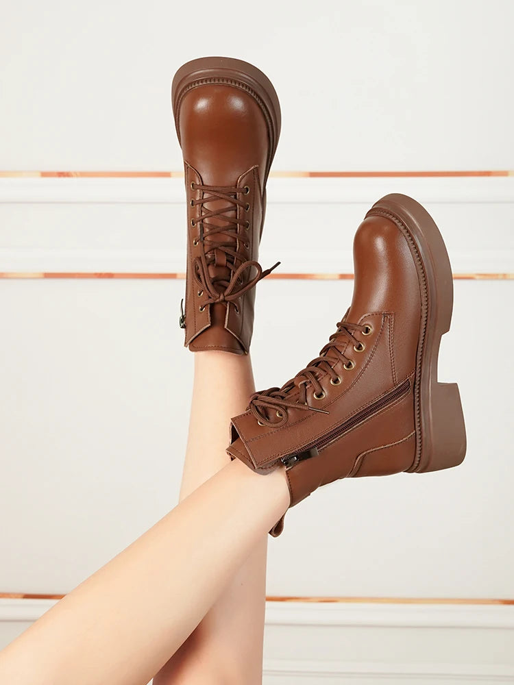 Damen Stiefeletten aus echtem Leder im Retro-Stil mit quadratischem Absatz