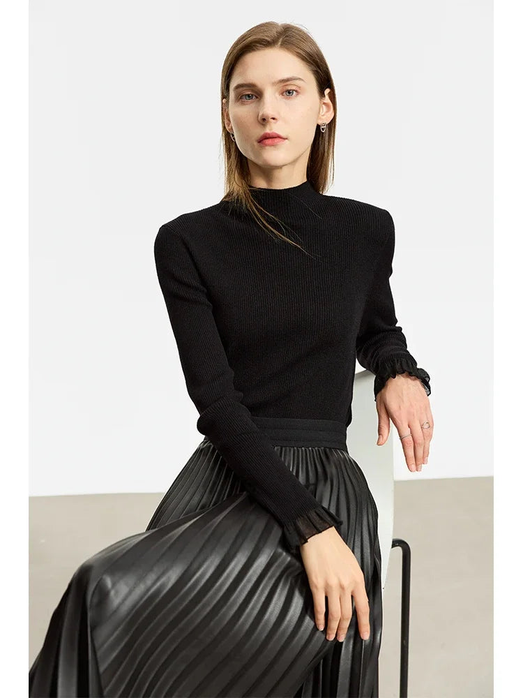 Damen-Strickpullover mit Stehkragen, langärmlig, schwarz, schlichtes Bündchen