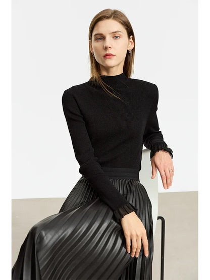 Damen-Strickpullover mit Stehkragen, langärmlig, schwarz, schlichtes Bündchen