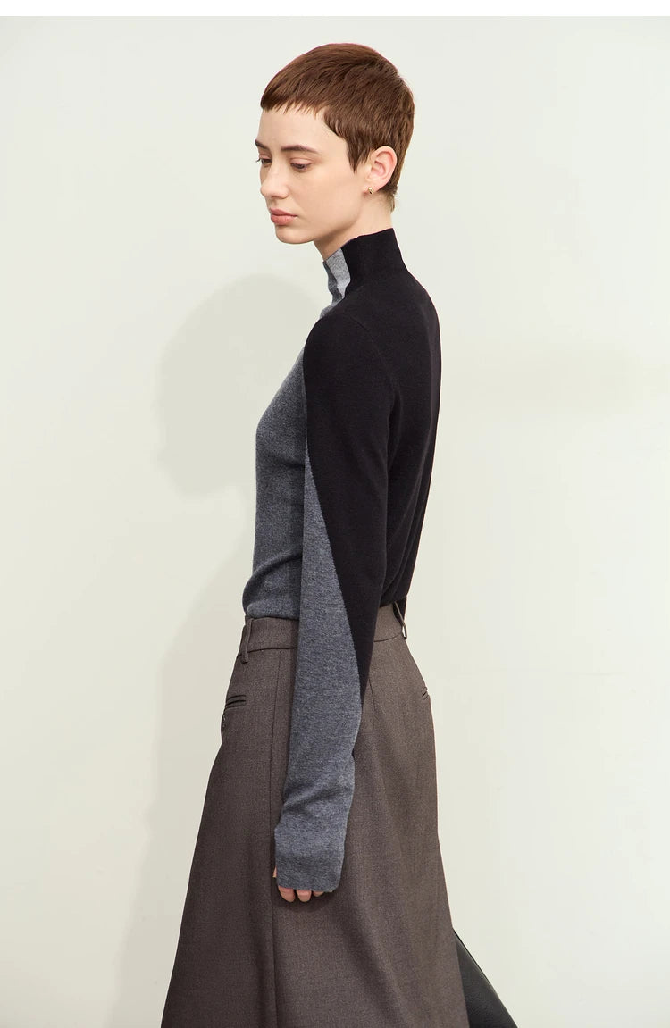 Damenpullover mit Stehkragen, Patchwork in Schwarz und Dunkelgrau, lange Ärmel