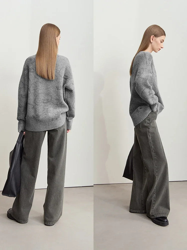 Damenpullover mit Rundhalsausschnitt in Grau, Jacquard-Strick, lange Ärmel