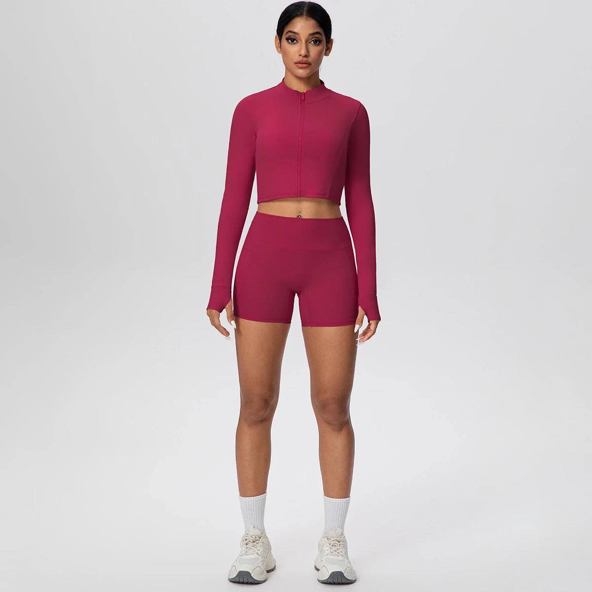 Bordeauxrotes Damen-Yoga-Set mit Reißverschluss: Crop-Top und kurze Leggings/Shorts
