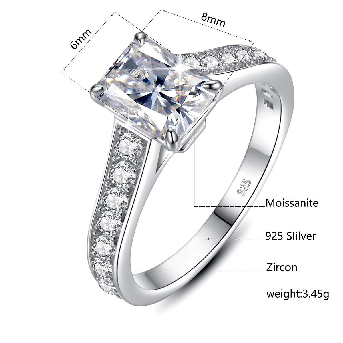 Damen-Verlobungsring Moissanite Emerald-Schliff 2 ct Gelbgold-Optik Silber Farbe D