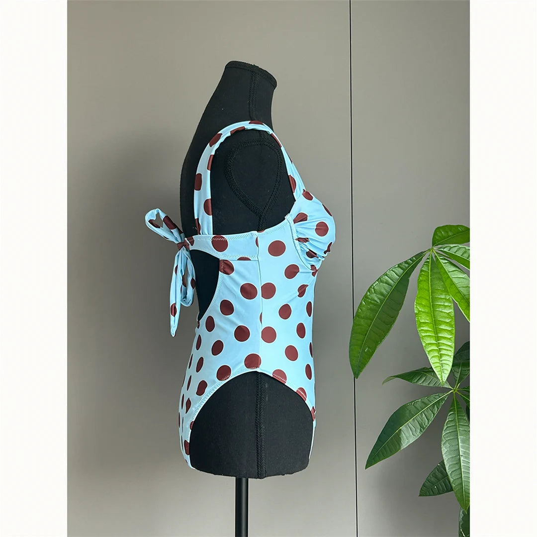 Damen-Badeanzug Polka Dots Bügel rückenfrei Monokini High-Leg