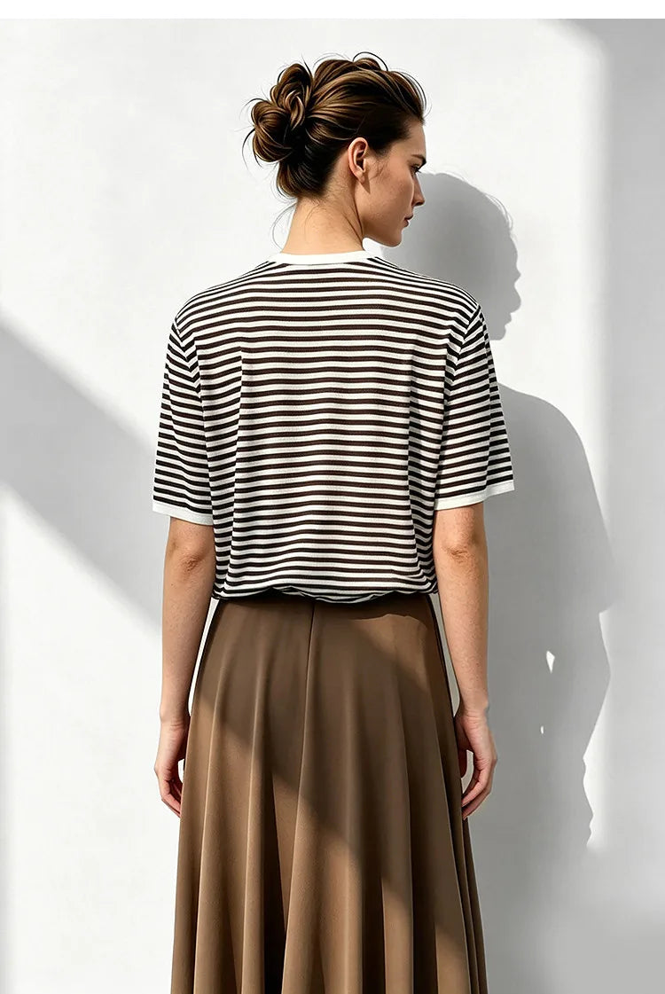 Damen-Rundhalspullover Colorblock Streifen Kurzarm locker Viskose Sommer