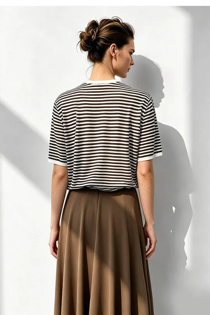 Damen-Rundhalspullover Colorblock Streifen Kurzarm locker Viskose Sommer