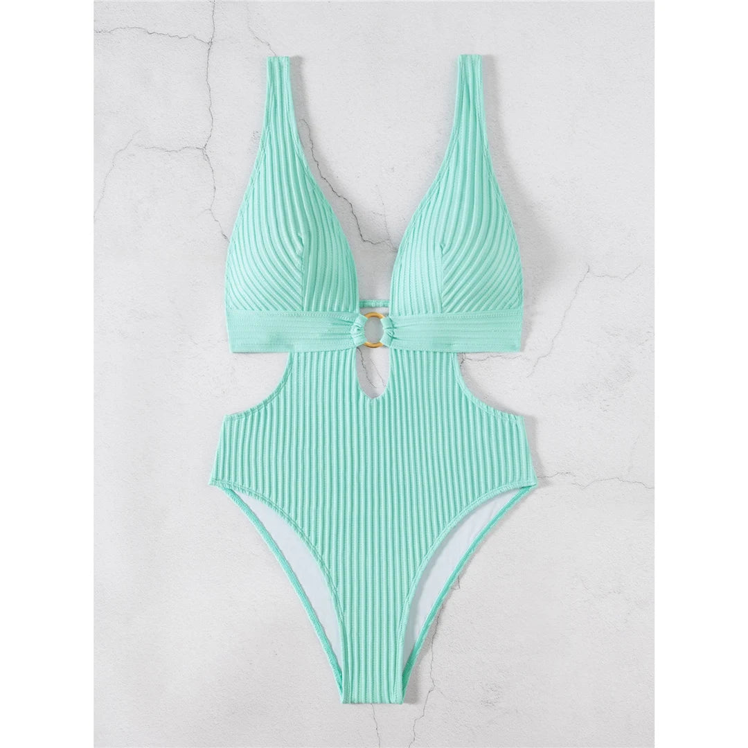 Damen Badeanzug tiefer V-Ausschnitt Cut-Out Monokini hoher Beinausschnitt 8 Farben