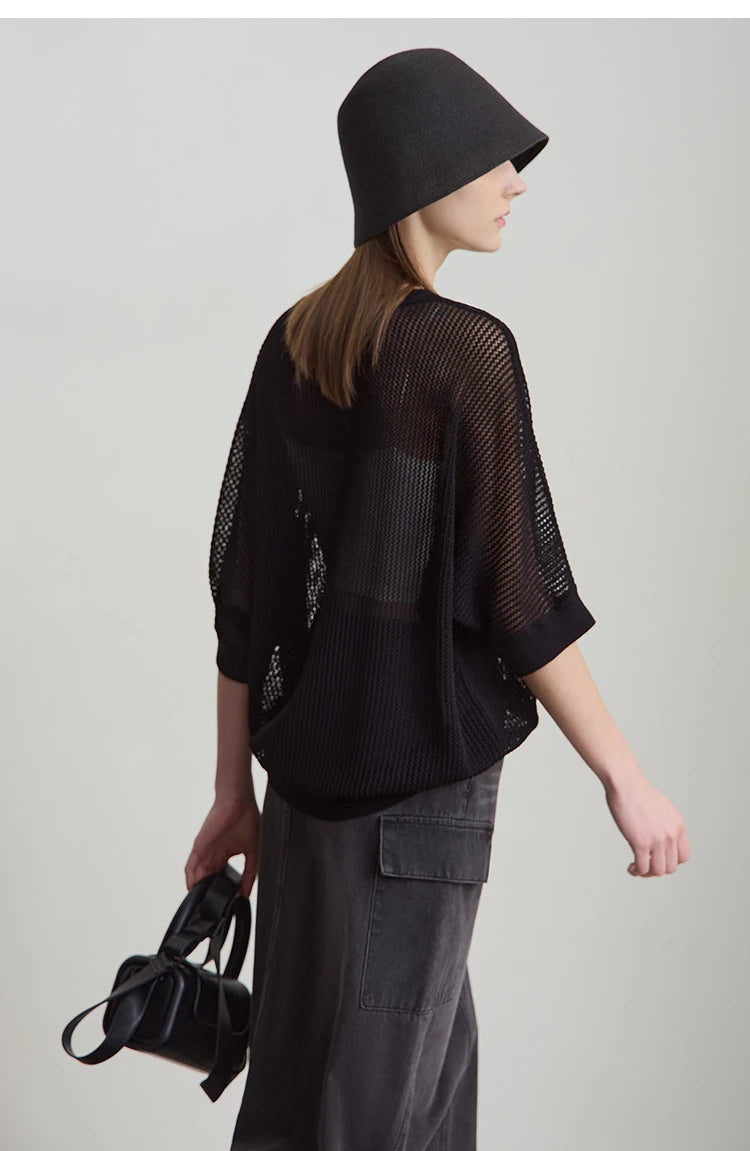 Damen-Strickpullover mit Rundhalsausschnitt, kurzärmelig, dunkelschwarz, lockere Passform