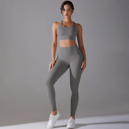 Damen-Yoga-Set mit Bügeltop und Leggings, Slim Fit, hellgrau