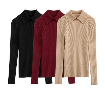 Rippstrick-Pullover mit Hemdkragen, schmaler Schnitt, Schwarz, Bordeaux und Beige