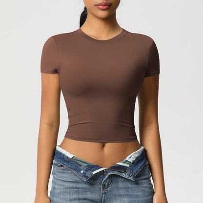Damen Sport-T-Shirt, braun, eng anliegend, Kurzarm, Rundhalsausschnitt