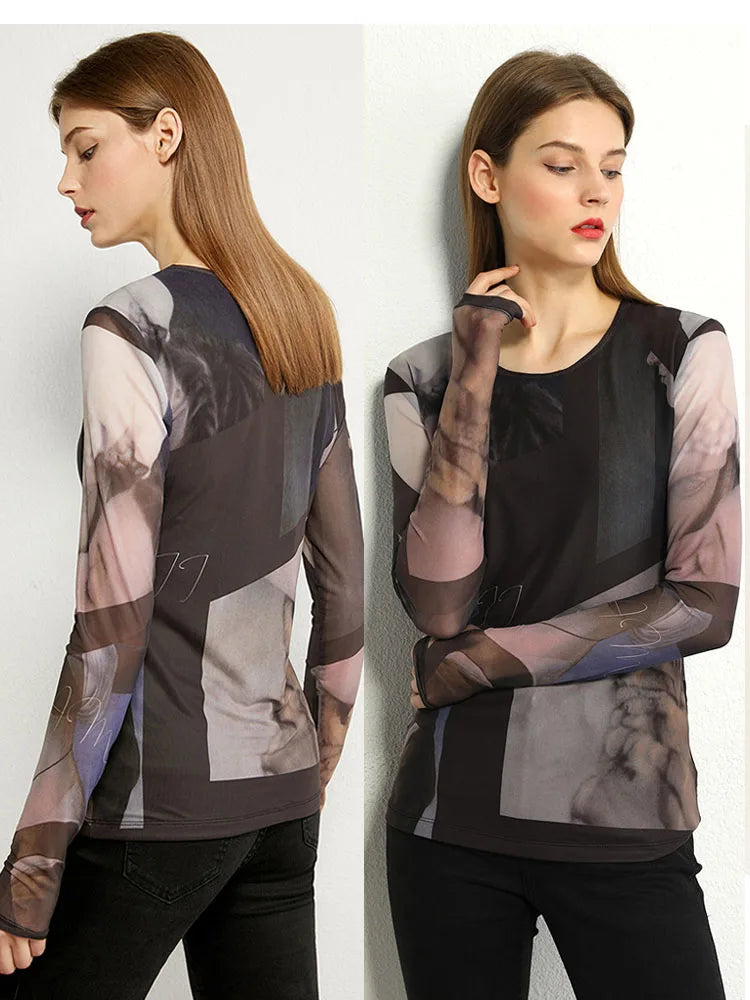 Damen Langarm-T-Shirt im Minimalismus-Stil mit trendigem Netzdruck