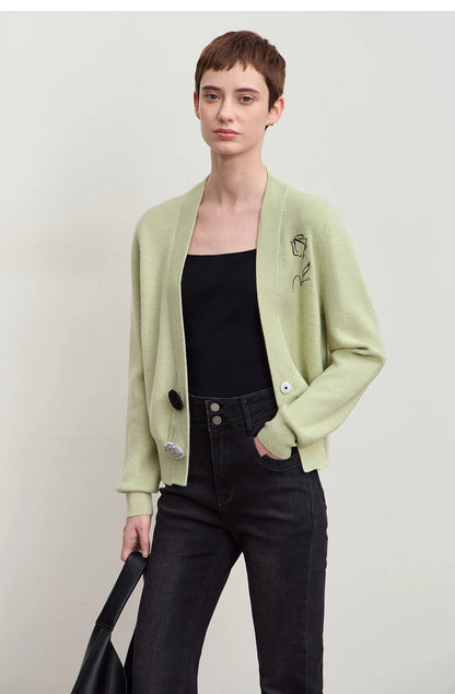Damen-Strickjacke V-Ausschnitt Stickerei locker Langarm Herbst