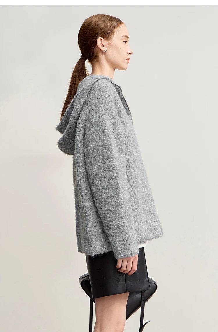 Damen-Kapuzenpullover Wolle Reißverschluss locker dick warm Winter