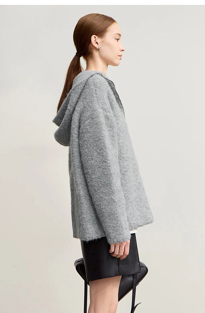 Damen-Kapuzenpullover Wolle Reißverschluss locker dick warm Winter