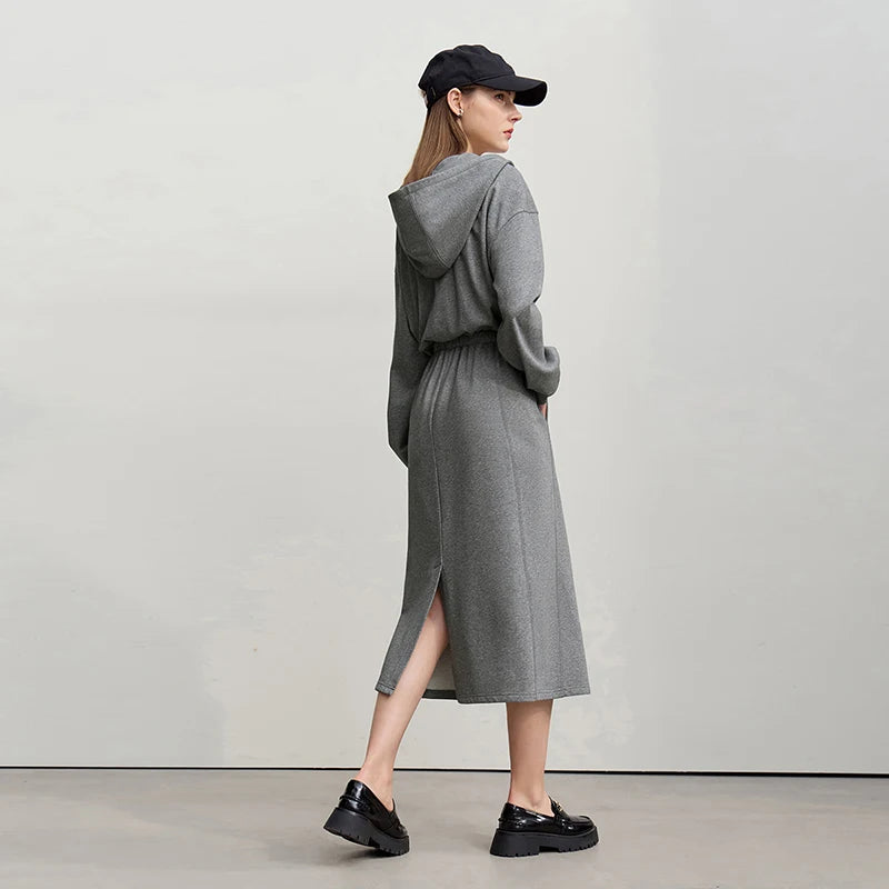 Premium Damen Strickkleid Mit Kapuze Elastische Taille Baumwolle Langarm