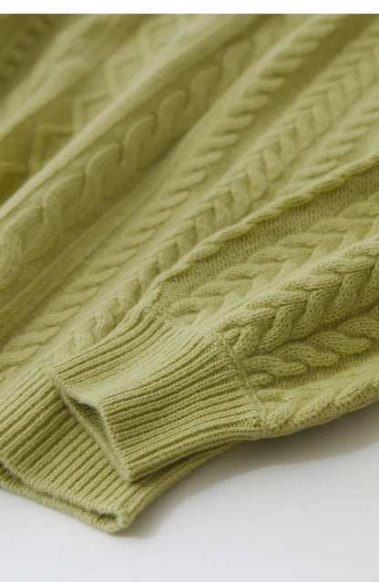 Damenpullover in Senfgelb mit Zopfmuster, langarm, gerippter Saum und Bündchen