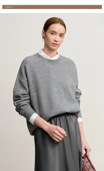 Minimalistischer Damen-Strickpullover, grau meliert, O-Ausschnitt, langarm, locker
