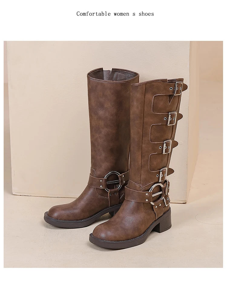 AIYUQI Women Cowboy Boots 2025 Autumn New Belt Buckle Women Marton Boots British Style Large Size 41 42 43 Women Long Boots