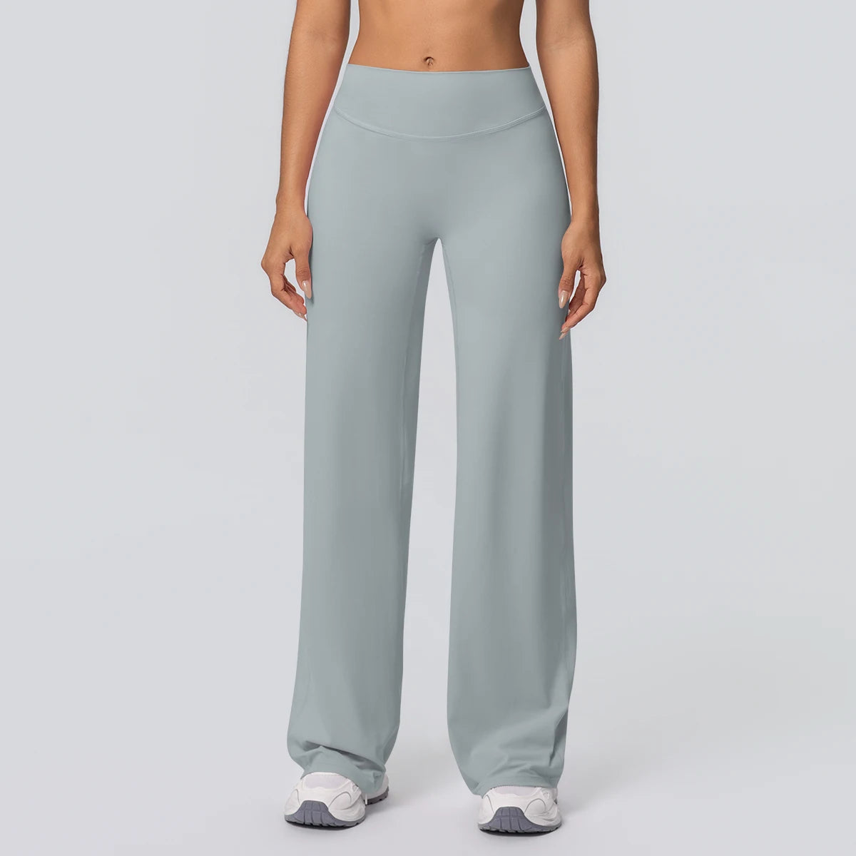 Damen Yoga-Hose, hellgrau, hoher Bund, gerade weit fallend, atmungsaktiv
