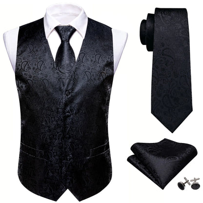 Herrenweste mit dunklem Paisley-Muster, schwarze Krawatte und Einstecktuch im Set