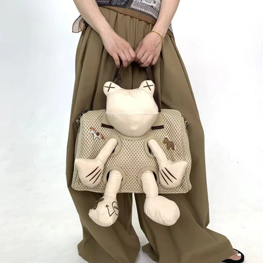Damen-Umhängetasche aus Nylon mit Mesh-Details und Bärchen-Design Großes Fassungsvermögen mit Langem Tragegurt