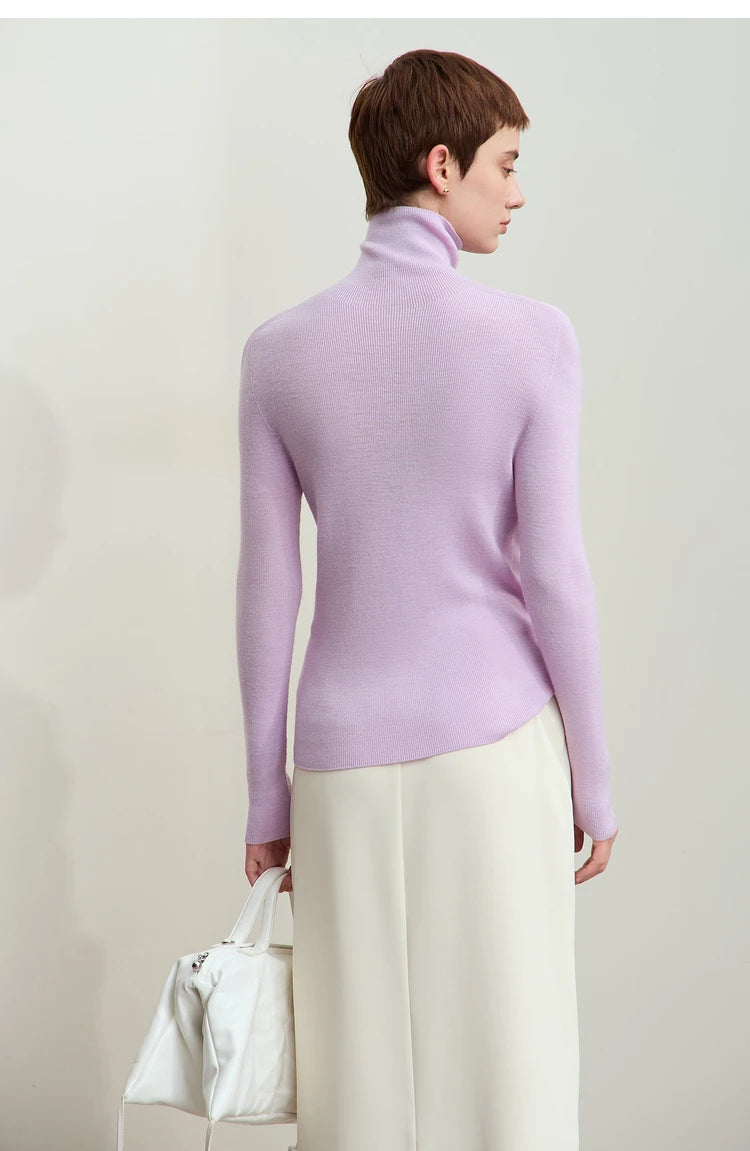 Damen-Rollkragenpullover 100 % Wolle Kammgarn schlank Winter