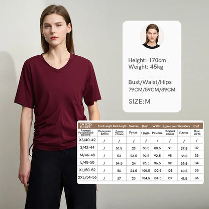 Damen T-Shirt mit solidem V-Ausschnitt und Kordelzug für den Sommer