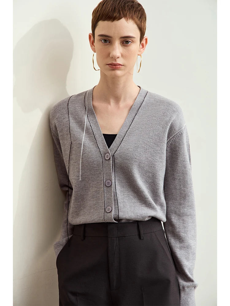Damen-Strickjacke V-Ausschnitt Patchwork Raglan Wolle-Mix Herbst