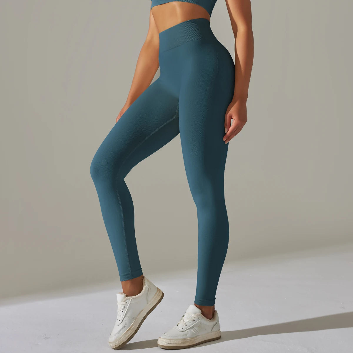 Nahtlose Yoga-Leggings mit hoher Taille, petrolblau, eng anliegend, lange Beine