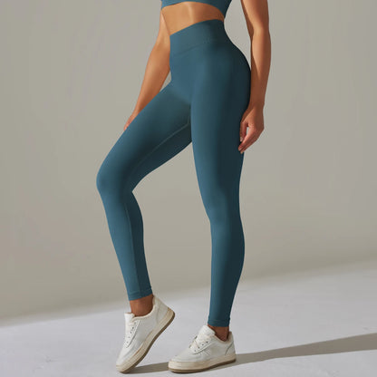 Nahtlose Yoga-Leggings mit hoher Taille, petrolblau, eng anliegend, lange Beine