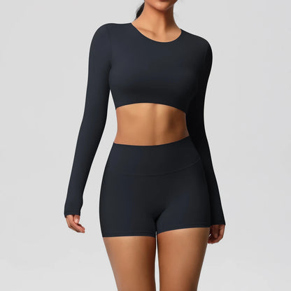 Damen Yoga-Set mit langarmigem Crop-Top und High-Waist-Shorts, schwarz