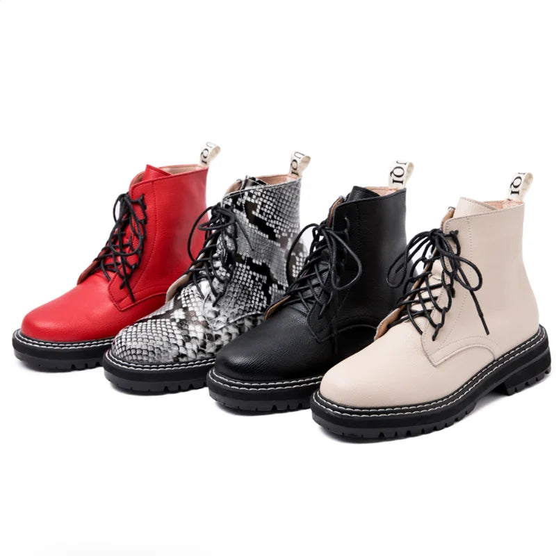 Damenstiefeletten in mehreren Farben: rot, schwarz, beige und Schlangenmuster