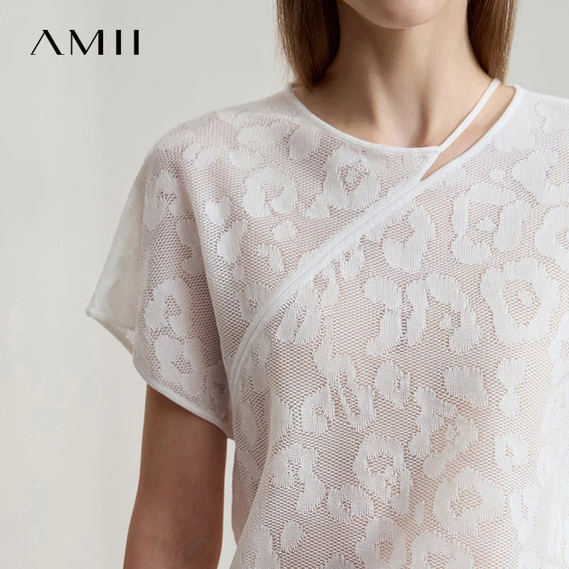 Beiges Kurzarm-T-Shirt mit floraler Jacquard-Spitze und Rundhalsausschnitt