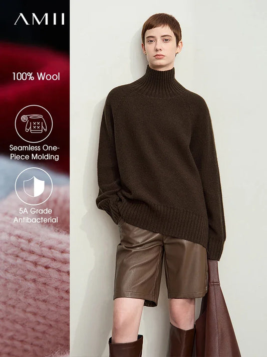 Damen-Rollkragenpullover 100 % Wolle nahtlos antibakteriell Winter