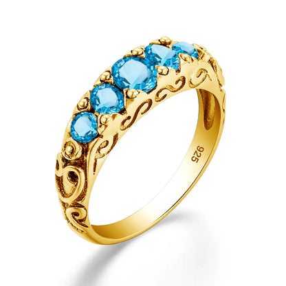Damen-Ring aus Silber 925 mit Regenbogen-Topas Fünfstein-Design Gewölbter Bund Hochwertiges Geschenk