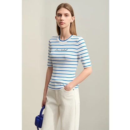 Damen gestreiftes Hemd mit Rundhals und schöner Stickerei für den Sommer