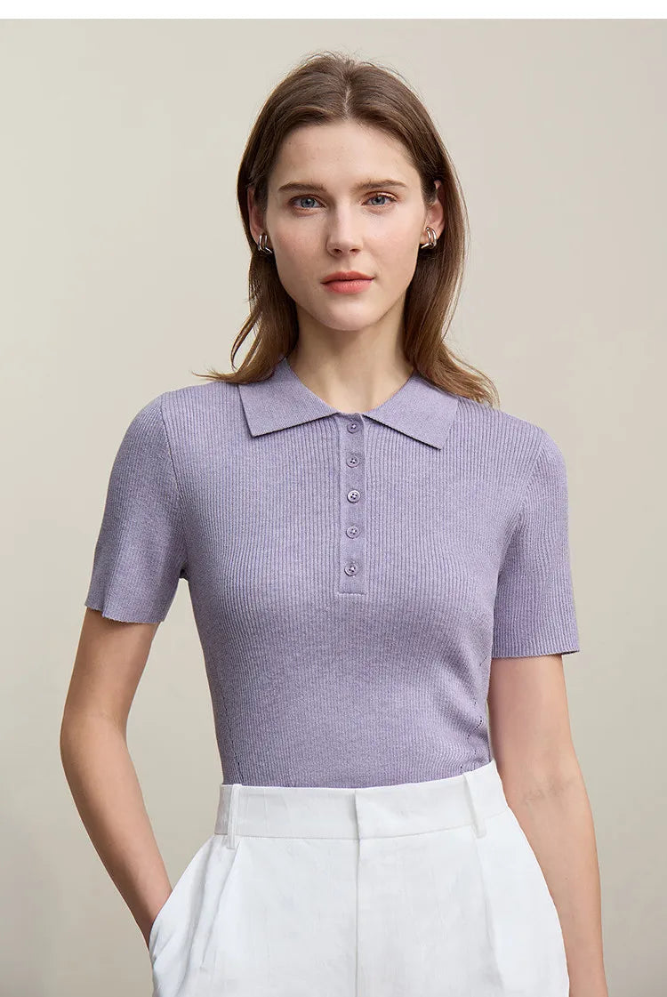 Damen-Strickpullover mit kurzärmeligem Polokragen, fliederfarben, Knopfleiste vorn