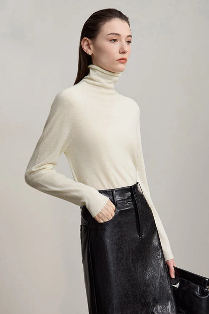 Damen-Rollkragenpullover 100 % Wolle gerade einfarbig Herbst-Winter