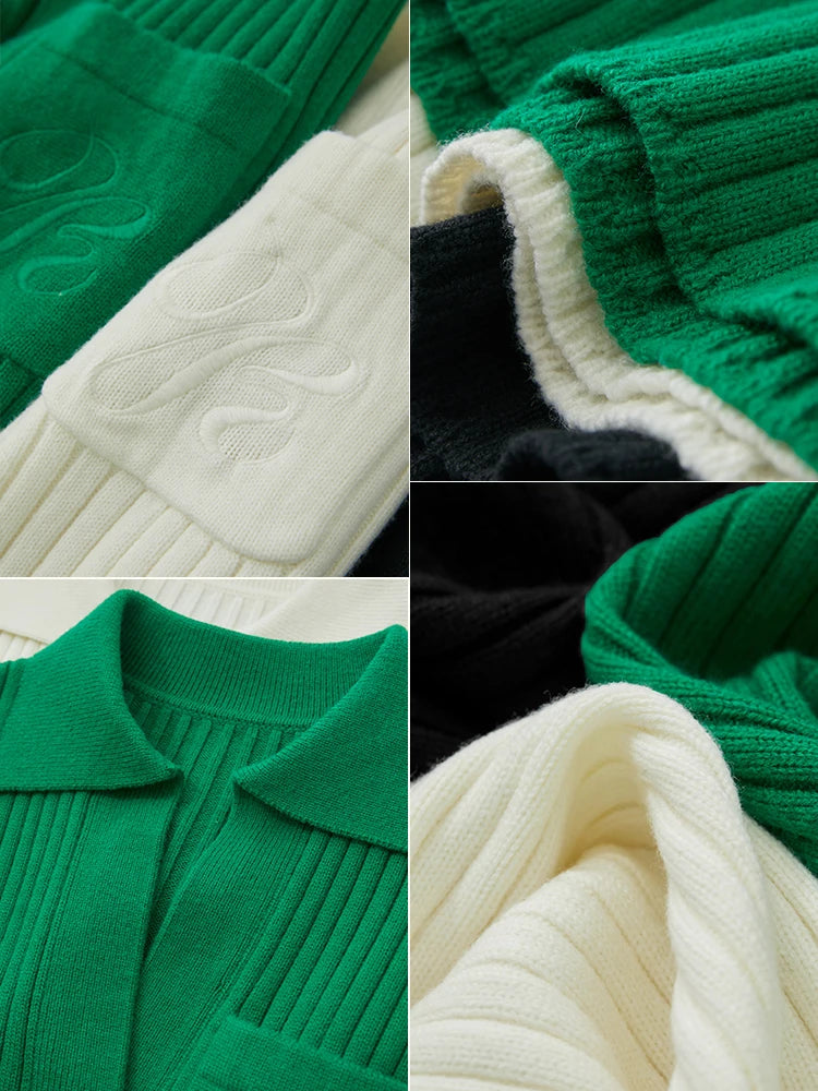 Detailansicht Strickstoff und bestickte Tasche am Pullover, in Grün, Creme und Schwarz