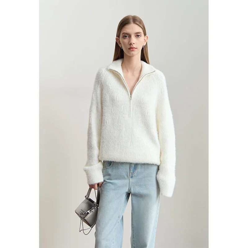 Damen-Rollkragenpullover Reißverschluss Nerz-Optik locker Winter