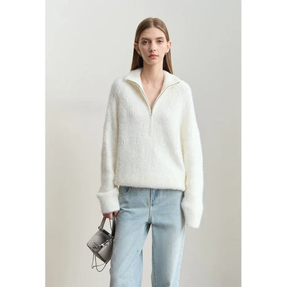Damen-Rollkragenpullover Reißverschluss Nerz-Optik locker Winter