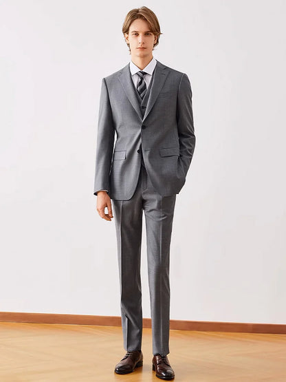 Herrenanzug-Set aus Wolle in Tiefblau – Einreihiger Blazer mit Weste und Hose für formelle Anlässe und Alltag im Slim-Fit-Stil