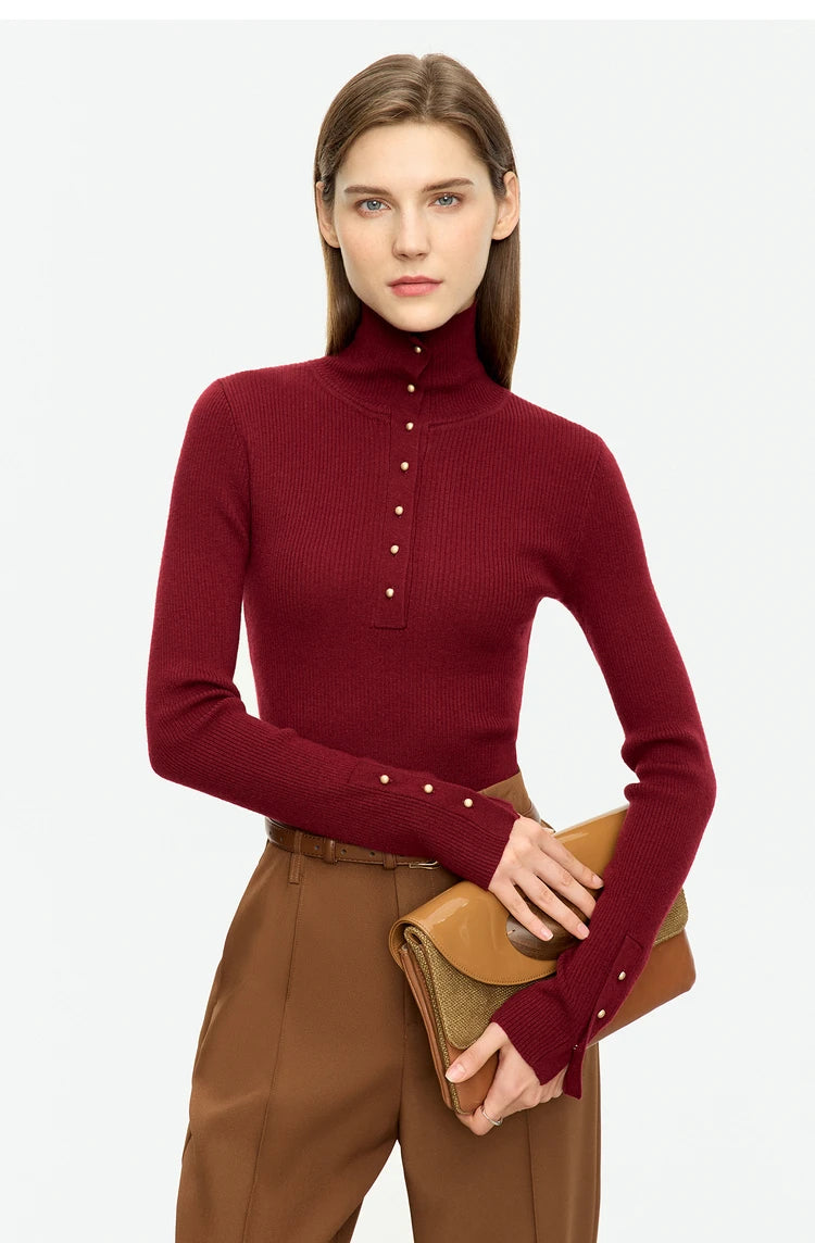 Damen-Strickjacke Rollkragen Knopfleiste Slim halboffene Front Herbst
