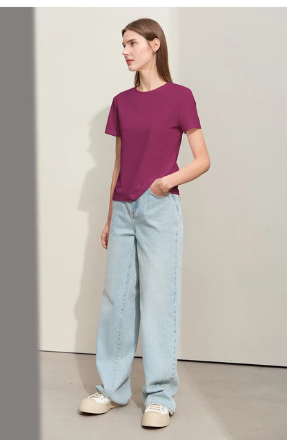 Damen T-Shirt im minimalistischen Stil mit lässigem O-Ausschnitt und kurzen Ärmeln