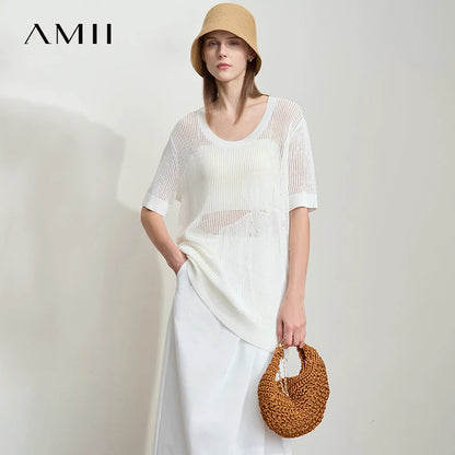 Damenpullover kurzarm mit U-Ausschnitt, offwhite, lockeres Strickdesign mit Lochmuster